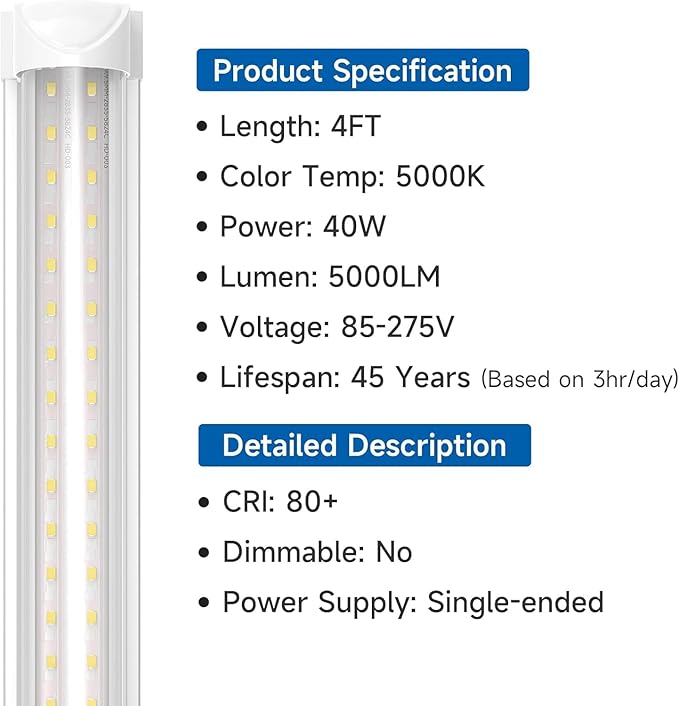 SHINESTAR 4FT LED Shop Lights, 40W 5000LM 5000K LED Shop Light Super Bright 75% Energy-Saving Linkable T8 Light Tube Integrated Fixture for Workshop Garage Basement, 6 Pack