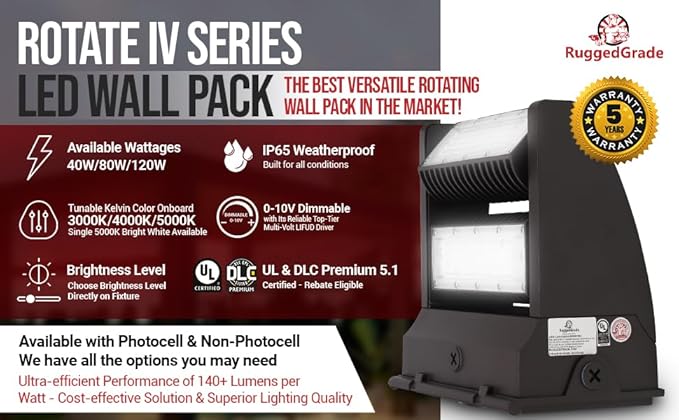 RuggedGrade 40W - Rotate III Series LED Wall Pack - 5,600 Lumens - 3000K Warm White - High Efficiency 140 Lumen per Watt - Outdoor LED Wall Light - Black Color - DLC 5.1 Premium