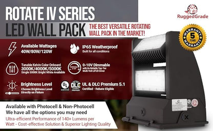 RuggedGrade 120W - Rotate III Series LED Wall Pack - 17,100 Lumens - with Photocell - 5000K Bright White - High Efficiency 140 Lumen per Watt - Black Housing - DLC 5.1 Premium