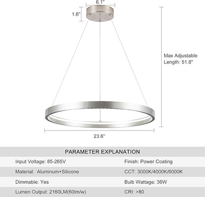 Modern Led Pendant Light,1 Ring Modern Circular Chandelier Dimmable Hanging Pendant Lighting for Living Room Dining Room Kitchen Island Foyer Office, 3000-6000K Brush Nickel