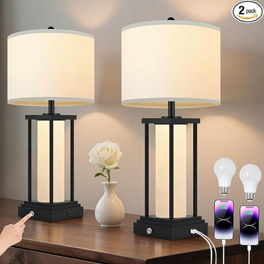 Living Room Table Lamps Set of 2, Bedside Lamps, 26.8‘’ Modern Table Lamps, Night Stand Lamp, Table Lamp with USB Port, 3 Color Temperatures, Stepless Dimming(Bulbs Included)