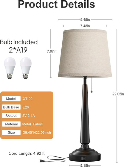 22'' Table Lamps for Living Room Set of 2: Farmhouse Vintage Lamps for Night Stands, Skinny Table Lamp with USB C+A Ports, 3-Way Dimmable Bedroom Lamp with Fabric Linen Lampshade, LED Bulbs Included