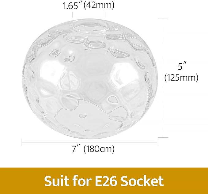 7" Glass Shade Replacement for E26 Pendant Lights, Clear Transparent Globe Lampshade for Desk Table Floor Lamp, Pendant, Wall Sconce, Dia 7", Height 5", Fitter 1.65"