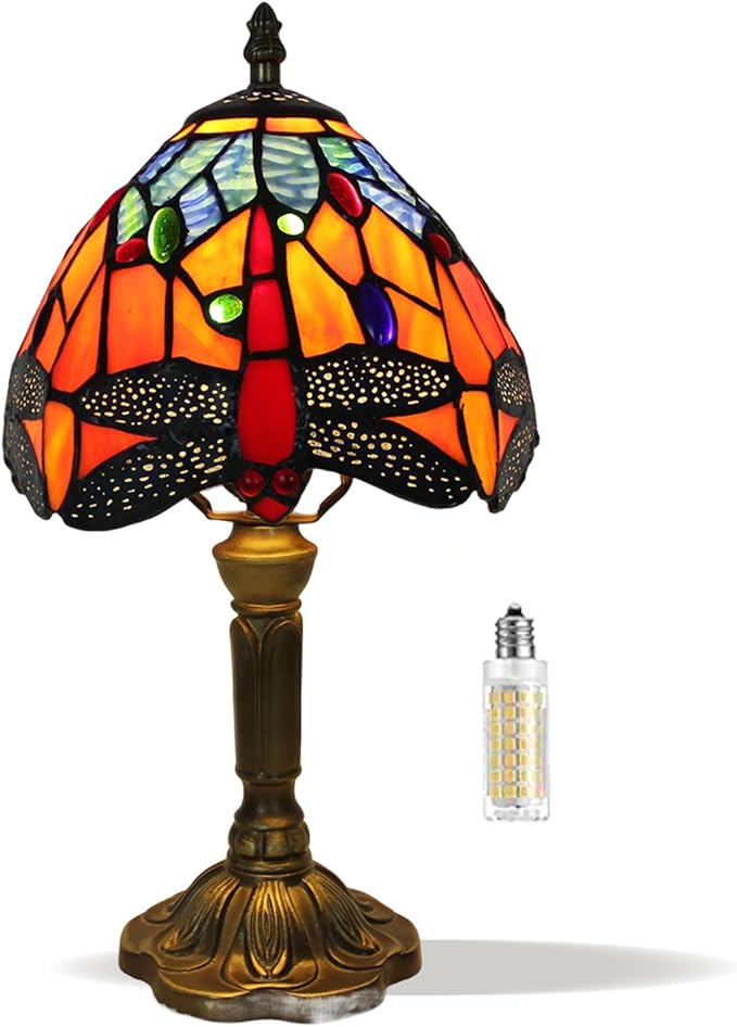8 inch Dragonfly Stained Glass Style Table lamp Vintage Small Blue Orange Multi-Colored Shade Light Home livingroom Bedroom Bedside Light Desk Decor Decoration 14.6" Tall