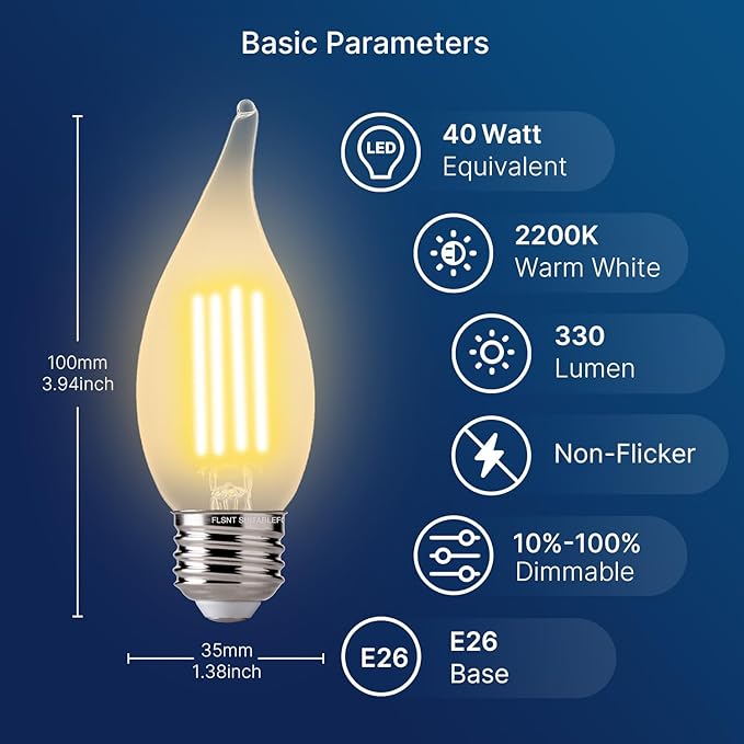 FLSNT CA11 E26 LED Candelabra Bulbs, Dimmable LED Chandelier Light Bulbs, 40W Equivalent, 2200K Warm White Light, 330LM, Amber Glass Finishing, 12 Pack UL,CA65 Listed.