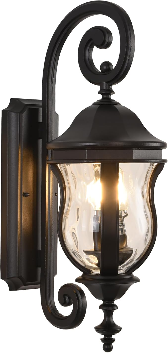 Outdoor Wall Sconces, Black Outdoor Porch Lights, 22.8" H Large Exterior Wall Lanterns, Waterproof Exterior Lighting Fixtures with Water Glass for Patio Garage Doorway