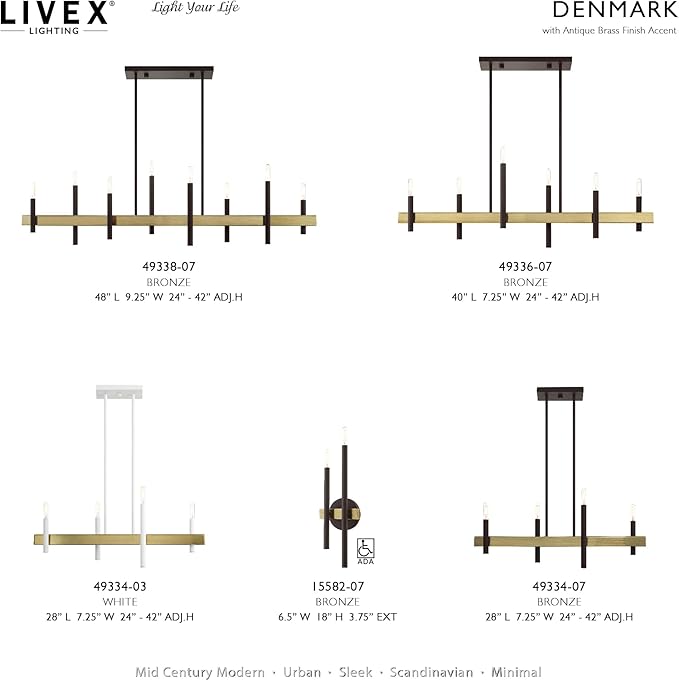 Livex Lighting 49338-07 8 Light Bronze Linear Chandelier, Bronze w/ Antique Brass Accents, 9.25 x 48 x 42