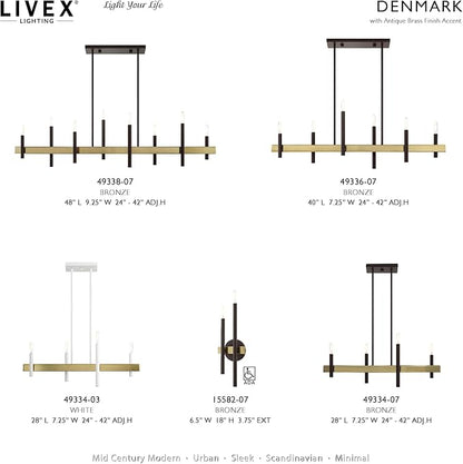 Livex Lighting 49338-07 8 Light Bronze Linear Chandelier, Bronze w/ Antique Brass Accents, 9.25 x 48 x 42