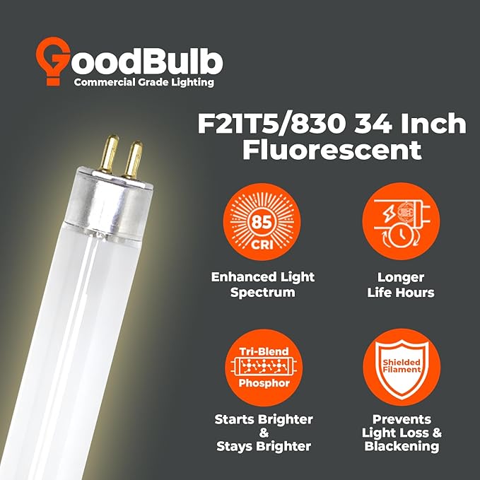 GoodBulb 21W 34 Inch T5 Fluorescent Light Bulb 3000K Warm White Medium Bi-Pin Base 2100 Lumens 85 CRI 36000 Life Hours Instant/Programmed Start (Pack of 40)