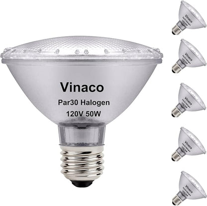 Vinaco PAR30 Short Neck 50W, 6 Pack High Output PAR30 Halogen Flood Light Warm White 2800K, PAR30 Dimmable, Long Lasting par30 Flood Light Bulb 120V with E26 Base for Indoor/Outdoor