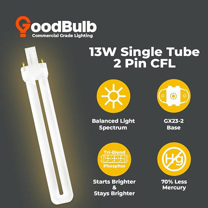 GoodBulb 13 Watt CFL Light Bulbs 2 Pin GX23 Base 2700K Soft White 13W High Output 800 Lumens Single Tube Compact Fluorescent Light Bulbs Plug-in 10 Pack
