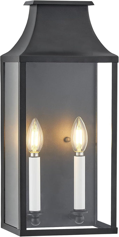 18"Medium Classic Outdoor Wall Lantern Light For House Exterior,Handcrafted Satin Black Metal Cage Mounted Pocket Wall Sconce W/Clear Tempered Glass,Waterproof for Porch, Patio, Garage&Front Door E12