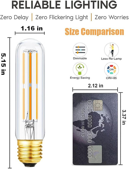 Vintage LED Edison Bulbs 6W, Equivalent 60W, Warm White 2700K, 600lm, E26 Base, Dimmable, Tubular T10 Led Antique Filament Bulb with Decorative, 6Pack