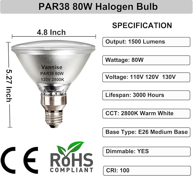 PAR38 Halogen Flood Light 80W 120V, High Output 1500LM PAR 38 Flood Light Bulbs Warm White 2800K, 80W PAR38 Dimmable with E26 Base, Long Lasting Halogen PAR 38 Outdoor Flood Light Bulbs