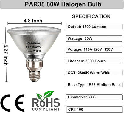 PAR38 Halogen Flood Light 80W 120V, High Output 1500LM PAR 38 Flood Light Bulbs Warm White 2800K, 80W PAR38 Dimmable with E26 Base, Long Lasting Halogen PAR 38 Outdoor Flood Light Bulbs