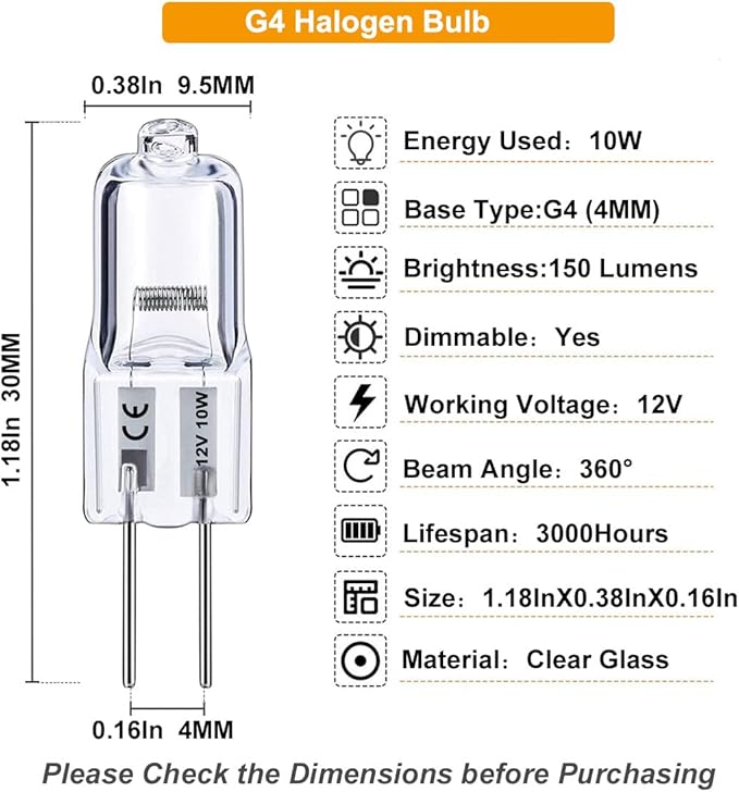 G4 Halogen Bulb, 10 Pack 12V 10W Bi-pin Base, High Output 150LM 3000Hrs Long Lifetime, Dimmable, CRI100 & 2800K Warm White, for Cabinet Light Bulbs