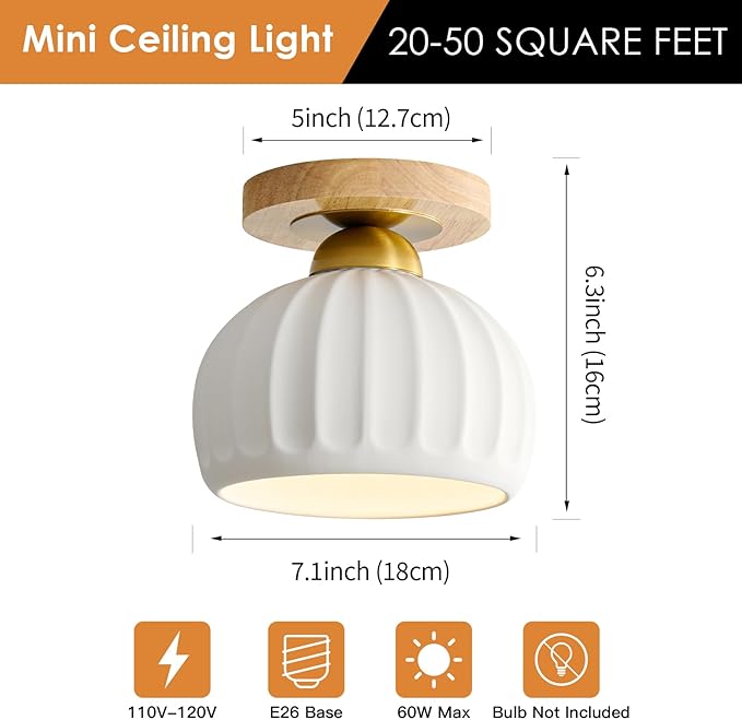 Ceramic Semi Flush Mount Ceiling Light - 2 Pack, Vintage Wood Gold Hallway Light Fixtures, White Globe Ceiling Lights,Mid Century Small Chandelier Light Fixture for Cottage Entryway Laundry Room Foyer