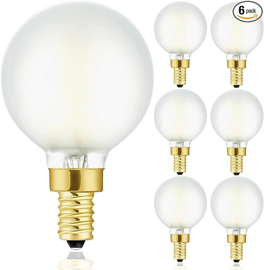 Frosted G16.5 led Bulb E12 Candelabra Bulb 60 Watt led Edison Bulb 2700K Warm White 600lm ac120v 6W dimmable g50 Globe Bulb for Chandelier,Vanity and Ceiling Fan Light, 6Pack