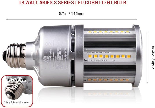 RuggedGrade Aries S Series 18W LED Corn Bulb | 2,430 Lumens | 5000K Bright White | E26 Base | Built-in 6KV Surge Protection | Indoor/Outdoor Retrofit Light | DLC 5.1 Premium