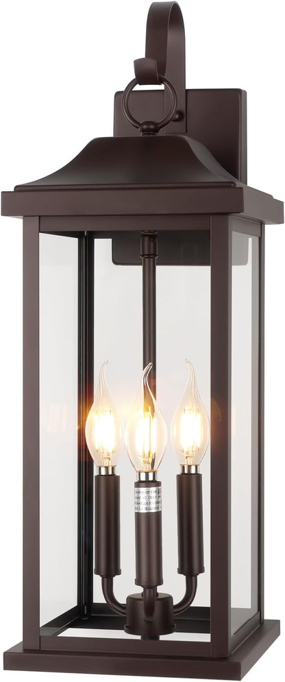 3-Light Extra Large 23” Outdoor Light for House Oil Rubbed Bronze, IP65 Waterproof Brown Exterior Light Fixture with Clear Tempered Glass Outside Wall Mounted Lamp Front Porch Light, E12