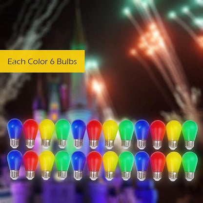 Christmas Light Bulbs 24-Pack S14 Colored LED String Light Bulbs Replacement, E26 Base 1W Plastic Shatterproof Waterproof, Christmas Light Bulb Red, Green, Yellow, Blue