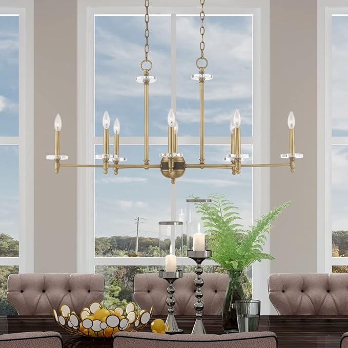 Livex Lighting 42708-91 Bancroft - Eight Light Linear Chandelier, Brushed Nickel Finish with Clear Bobeche Crystal, 19.75x39.50x14.00