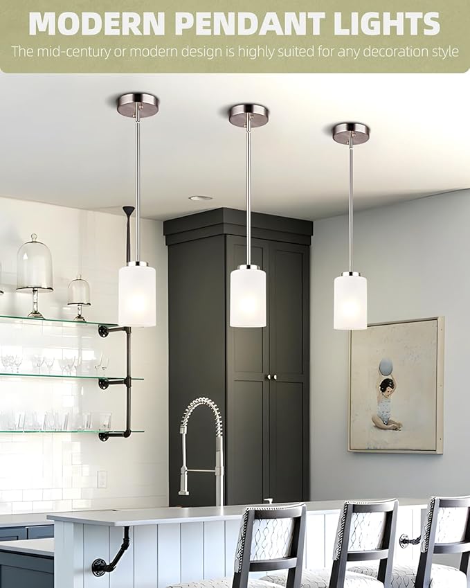 3 Pack Mini Pendant Light, Brushed Nickel Hanging Ceiling Lights with White Frosted Glass Shade, Modern Adjustable Lights for Kitchen Island Bedroom Hallway