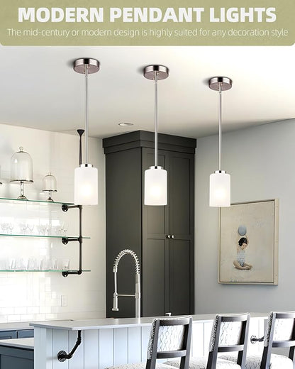 3 Pack Mini Pendant Light, Brushed Nickel Hanging Ceiling Lights with White Frosted Glass Shade, Modern Adjustable Lights for Kitchen Island Bedroom Hallway