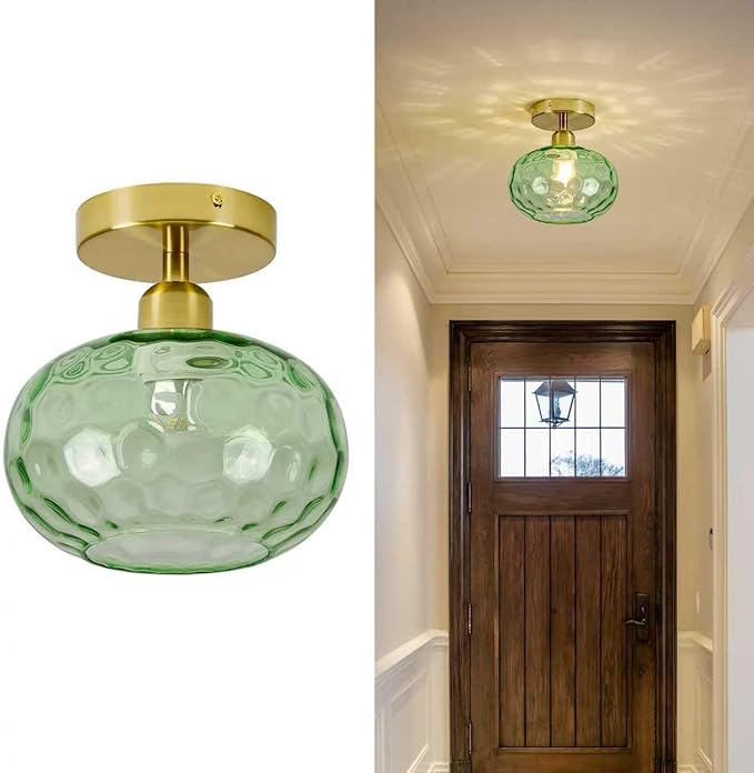 Green Glass Semi Flush Mount Ceiling Light - 7.9 Inch Hammered Art Deco Glass Small Hallway Light fixtures, Vintage Gold Flush Mount Ceiling Light for entryway Foyer Laundry Room Kitchen
