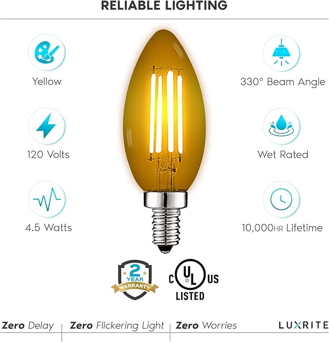 Luxrite E12 LED Filament Yellow Light Bulbs, 4.5W (40W Equivalent), Colored Glass Candelabra Bulb, UL Listed, E12 Base, Indoor Outdoor, Porch, Decoration, Party, Holiday, Event, Home Lighting (6 Pack)