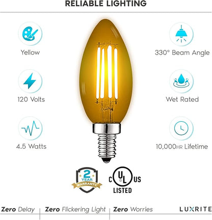 Luxrite E12 LED Filament Yellow Light Bulbs, 4.5W (40W Equivalent), Colored Glass Candelabra Bulb, UL Listed, E12 Base, Indoor Outdoor, Porch, Decoration, Party, Holiday, Event, Home Lighting (4 Pack)