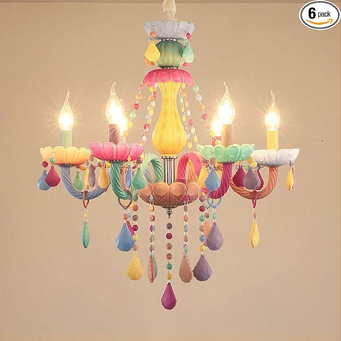 LAKIQ Colorful Crystal Hanging Chandelier Light Fixture 6 Lights European Girls Room Pendant Ceiling Lighting Candle Chandelier for Girls Bedroom Living Room Dining Room Coffee Shop (Style A)