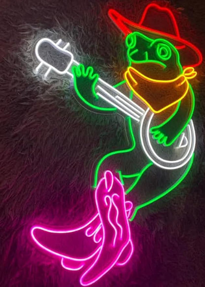Cowboy Frog Playing Guitar Neon Sign, Frog Led Sign, Cowboy Frog Led Light, Frog Playing Guitar Neon Light, Bar Club Room Wall Art Decor Size:23inches