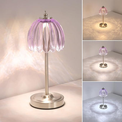 Tulip Table Lamp with 5200mAh Battery & Touch Control, Cordless Small Table Lamp with 3 Colors, Dimmable Rechargeable Table Lamps for Living Room, Bedroom, Desk, Bedside (Clear Purple Tulip)