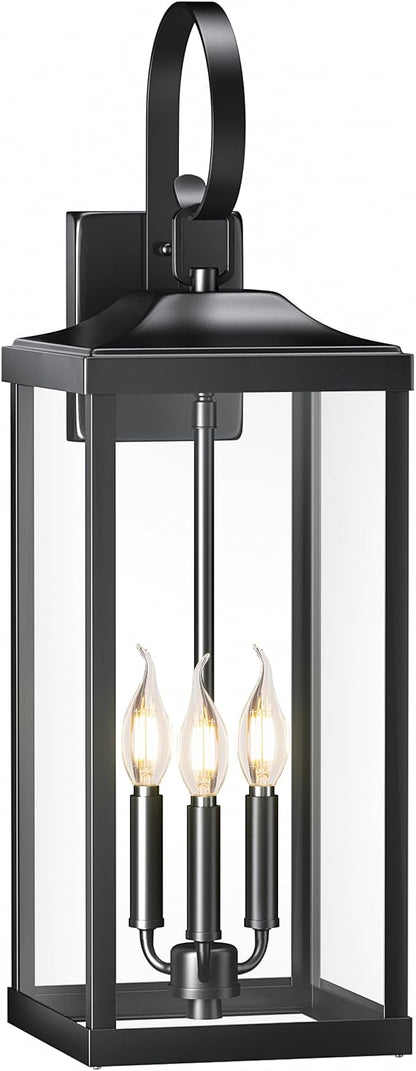 24" Extra Large Outdoor Wall Light for House, Black 3-Light Waterproof Exterior Porch Lamp Wall Mount, Modern Outside Wall Sconce Coach Light with Clear Glass, E12, 1-Pack