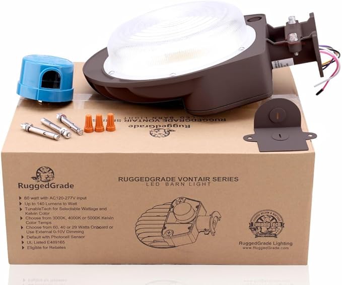 RuggedGrade 60W - Vontair Series - LED Barn Style Light with Photocell - 9,000 Lumens - Color Selectable 3000K/4000K/5000K - Brown Housing - Outdoor Light - DLC 5.1 Premium