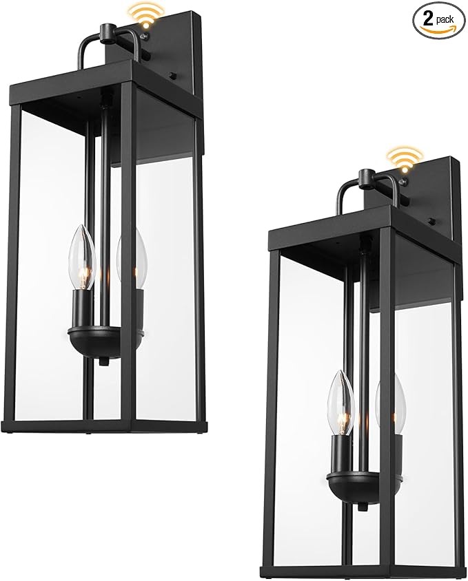 Dusk to Dawn Outdoor Wall Sconce Lights, 20 Inch Tall Transitional Exterior Wall Lighting with Clear Glass, Anti-Rust Powder Coat Black Modern Outside Lantern for Front Porch, DDRZ008M-2 BK