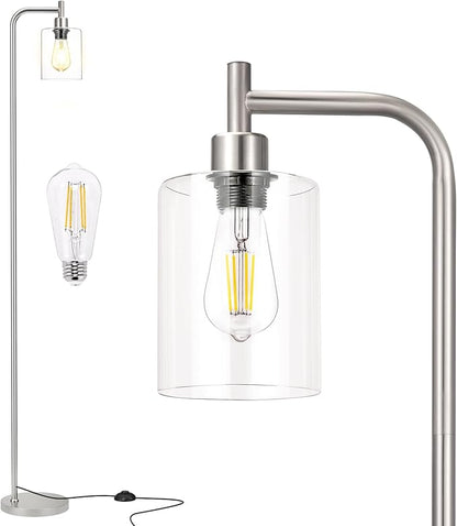 Floor Lamps for Living Room - Industrial Standing Lamp with Glass Shade, Modern Floor Lamp with LED Bulbs, Tall Lamp for Bedroom Office - Brushed Nickel