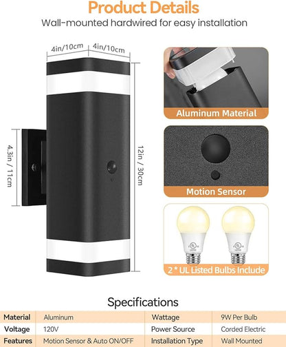 RAYVO Motion Sensor Outdoor Lights, Modern Dusk to Dawn Exterior Up and Down Sconce with Black Finish, Waterproof Wall Mount Lighting for Porch Garage, Bulbs Included