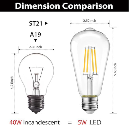 LVWIT ST21 LED Filament Bulb 5W(40 Watt Equivalent) Dimmable 2700K Warm White Vintage Edison Light Bulb E26 Medium Base (6-Pack) (5W-Warm White)