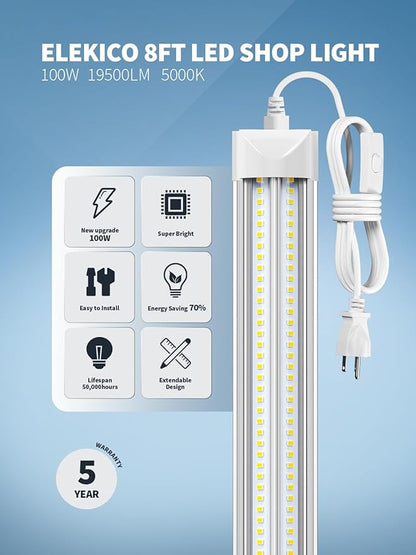 8' Led Shop Lights,Super Bright 19500LM 100W 5000K 8FT Led Shop Light, Linkable 8FT Garage Ceiling Lights for Garage Ceiling Workshop Warehouse