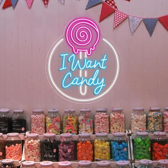 I Want Candy Neon Sign,Candy Shop Neon Sign, Custom Store Signage,Home Wall Kitchen Decor Coffee Bar Shop Store Decoration Business Sign Size:18 x 15.5inches