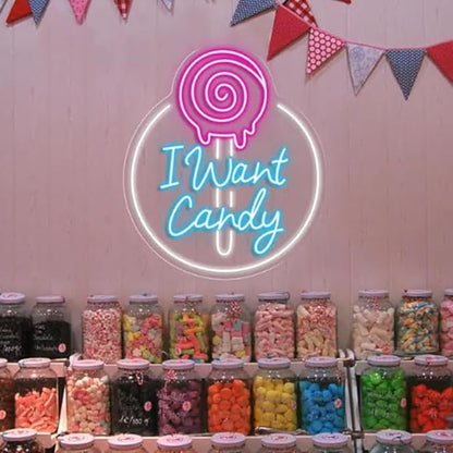 I Want Candy Neon Sign,Candy Shop Neon Sign, Custom Store Signage,Home Wall Kitchen Decor Coffee Bar Shop Store Decoration Business Sign Size:18 x 15.5inches