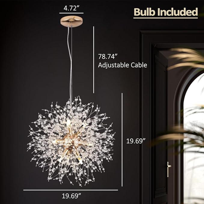 Firework Modern Chandelier, 9 Lights Sputnik Chandeliers for Dining Room, Dandelion Crystal Chandeliers for Entryway, Gold Chandelier Light Fixture for Bedroom
