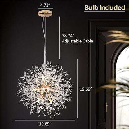 Firework Modern Chandelier, 9 Lights Sputnik Chandeliers for Dining Room, Dandelion Crystal Chandeliers for Entryway, Gold Chandelier Light Fixture for Bedroom
