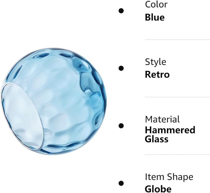 3 Pack Fixture Replacement Globe Shade, 6 Inch Diameter, E26 Base 1-5/8 Inch Fitter, Glass Globe Lampshade Cover for Pendant Wall Sconce Chandelier Vanity Light (3 Pack 6 Inch Blue Hammered Glass)