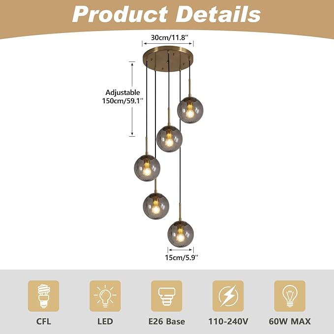 KCO Lighting 5 Light Cluster Pendant Lighting Smoke Glass Globe Chandelier Multi Pendant Light Fixture Gold Cluster Pendant Light Modern Staircase Chandelier
