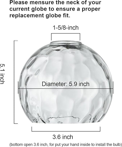 3 Pack Fixture Replacement Globe Shade, 6 Inch Diameter, E26 Base Clear Hammered Glass, Glass Globe Lampshade Cover for Pendant Wall Sconce Chandelier Vanity Light