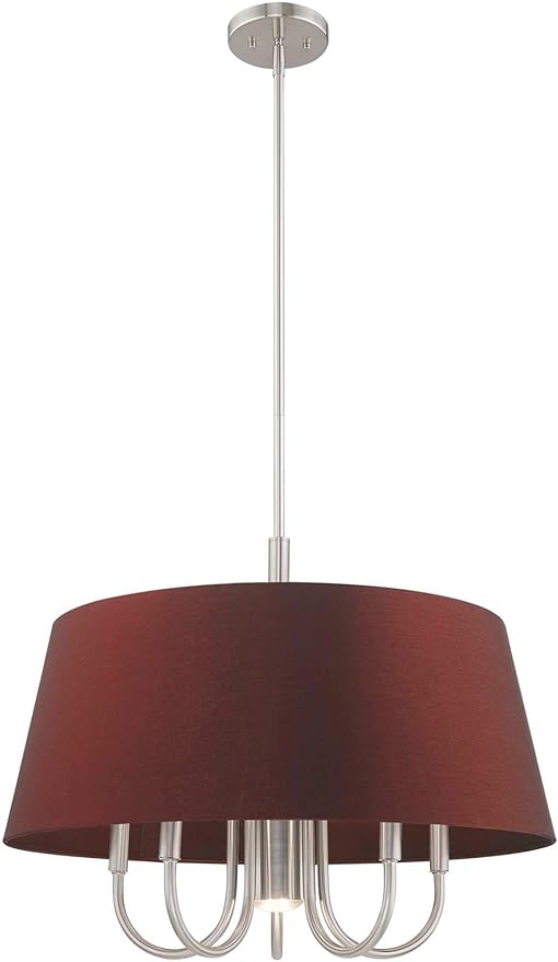 Livex Lighting 52905-91 Belclaire - Six Light Chandelier, Brushed Nickel Finish with Red Wine Fabric Shade
