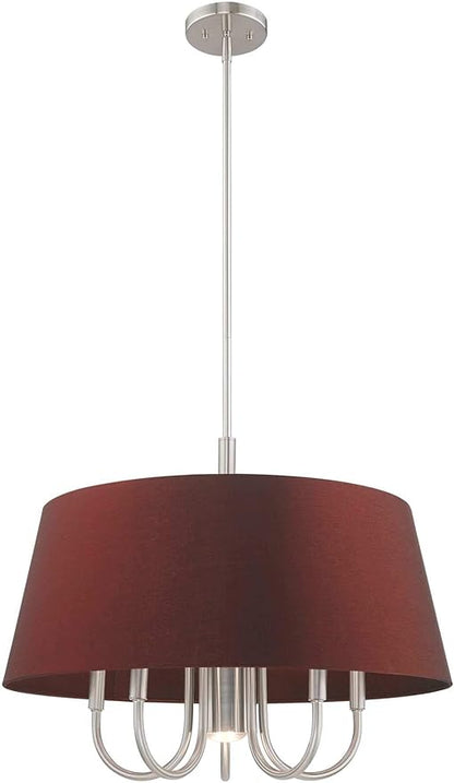 Livex Lighting 52905-91 Belclaire - Six Light Chandelier, Brushed Nickel Finish with Red Wine Fabric Shade
